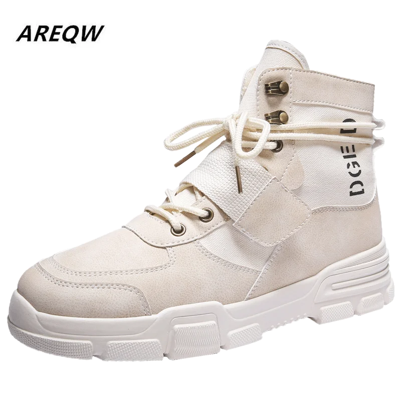 2019 г. Мужские высокие ботинки однотонные ботильоны на плоской подошве в стиле