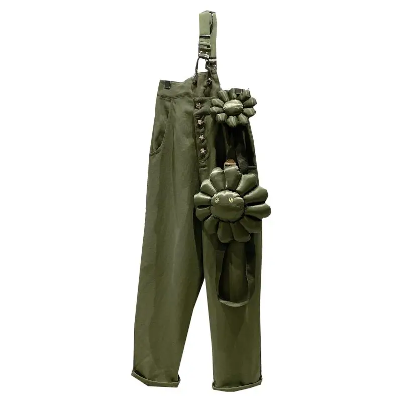 

2020 Autumn New Fashion Pants Overall with Sunflower Bag Streetwear Women Shoulder Strap Loose Casual Army Green Jumpsuit Romper