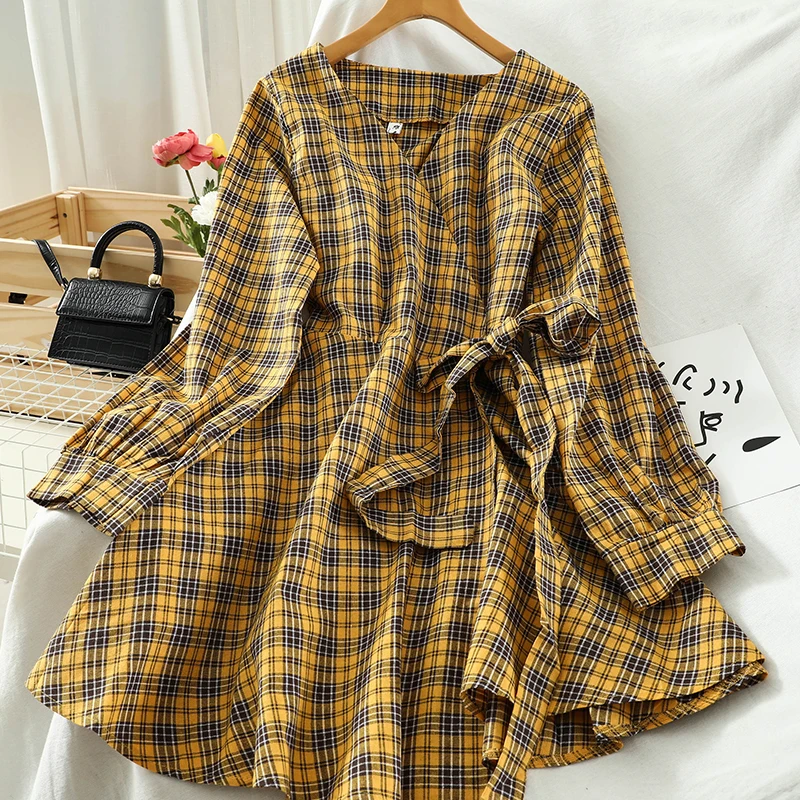 

Короткое льняное платье с запахом, клетчатое платье с длинным рукавом, женское винтажное элегантное платье мини в Корейском стиле, женская ...