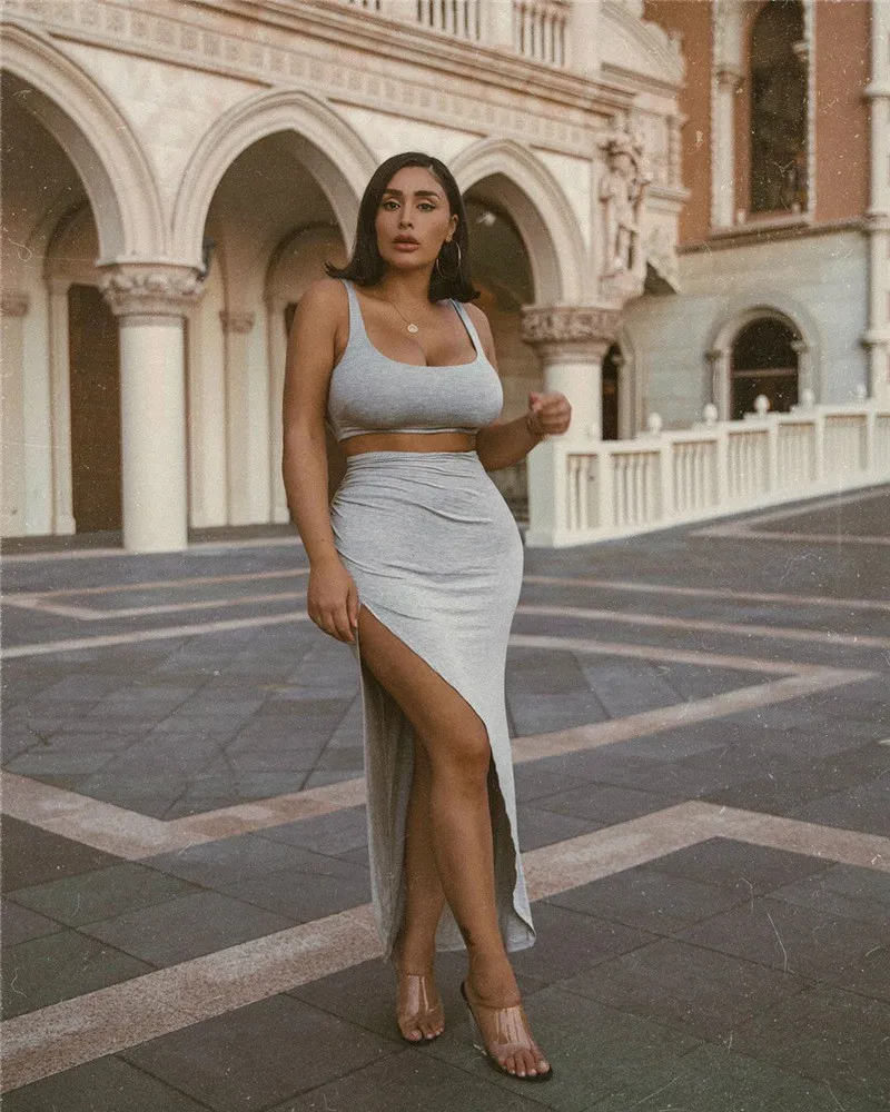 Sexy Party 2 Piece Set Women 2020 Plus Size Crop Top Twist Side Split Long Skirts Matching Sets Club Two Outfits Fit 2pcs |
