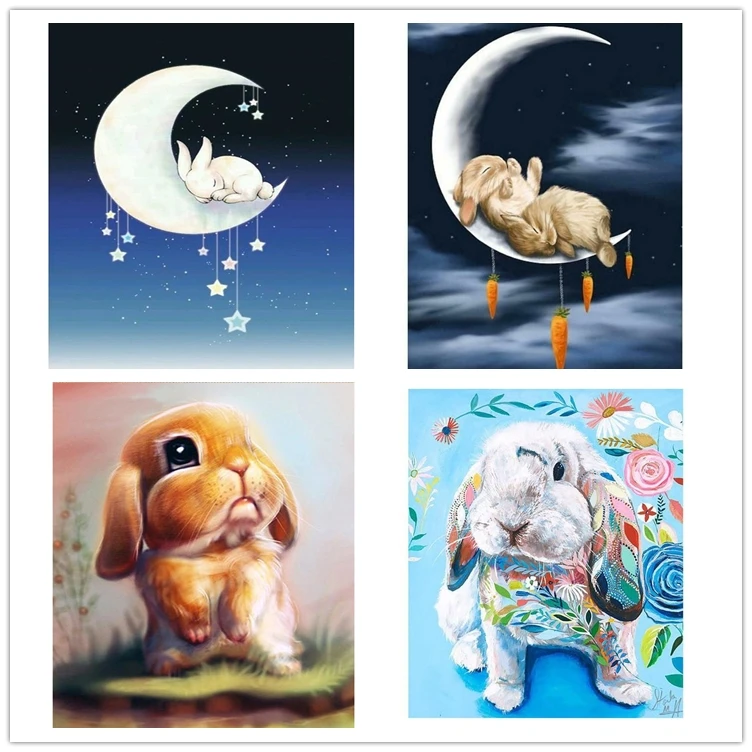 Вышивка картина &quotкролики спят на Луне&quot Алмазная по номерам Кролик для детей DIY