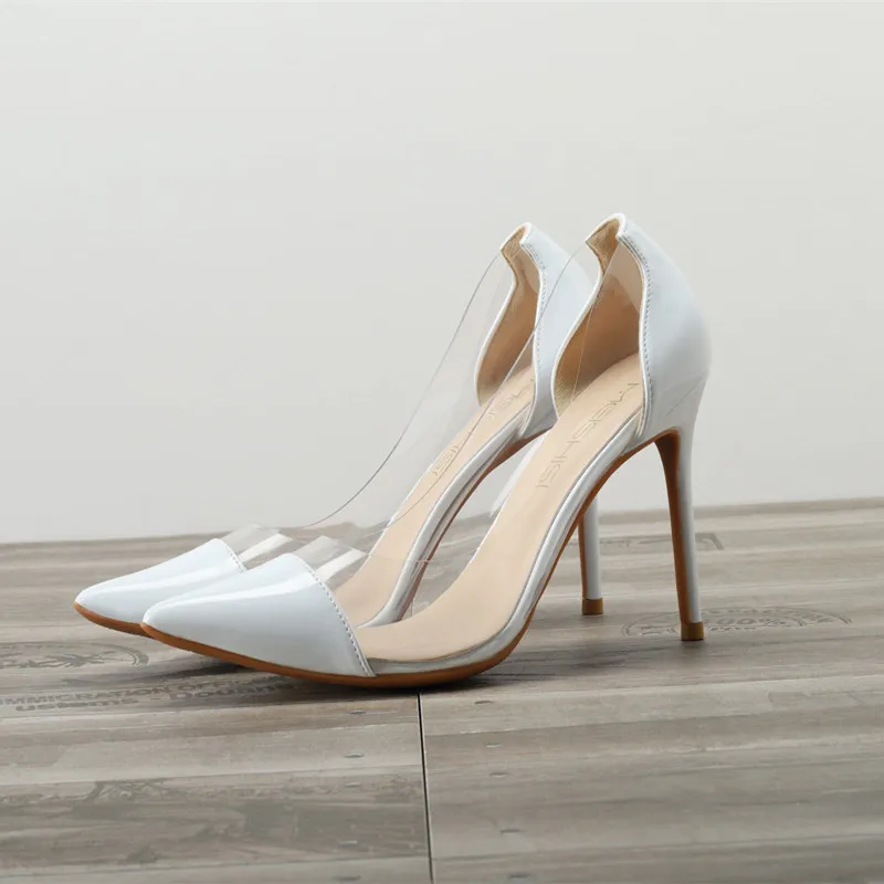 

Туфли-лодочки женские на шпильке, лакированная кожа, прозрачные, ПВХ, Лоскутные, заостренный носок, высокий каблук, черные