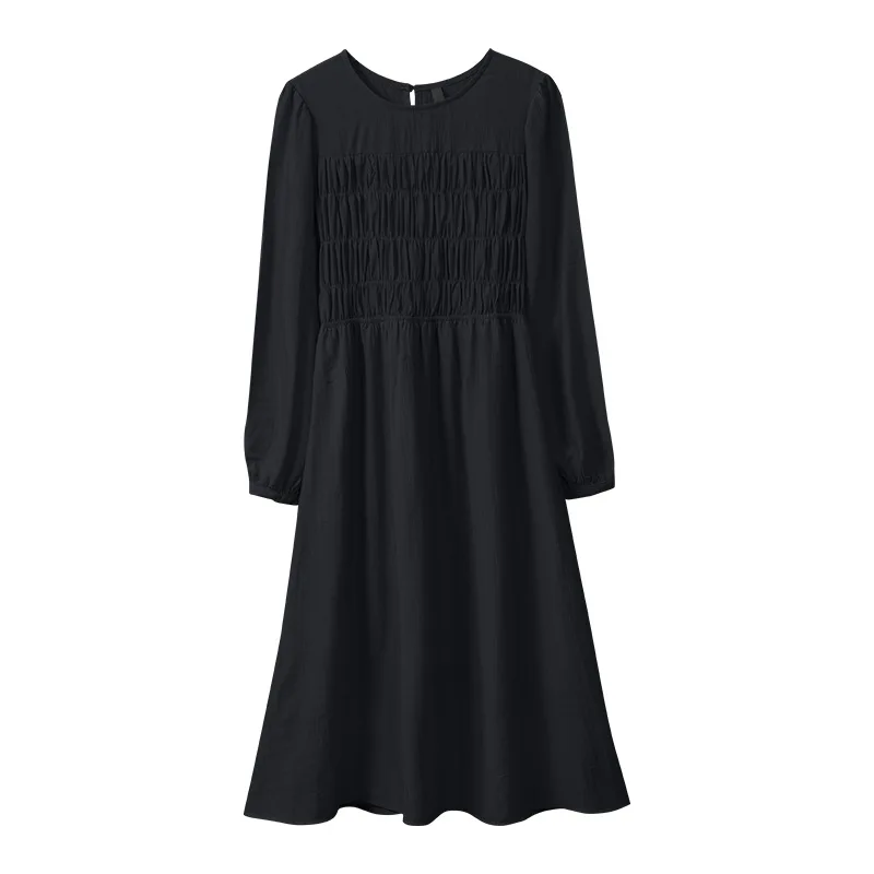 

TVVOVVIN Solid Color O-neck Simple Mid-length Dress Spring New High Waist Pleated French A-line Dress NWJH