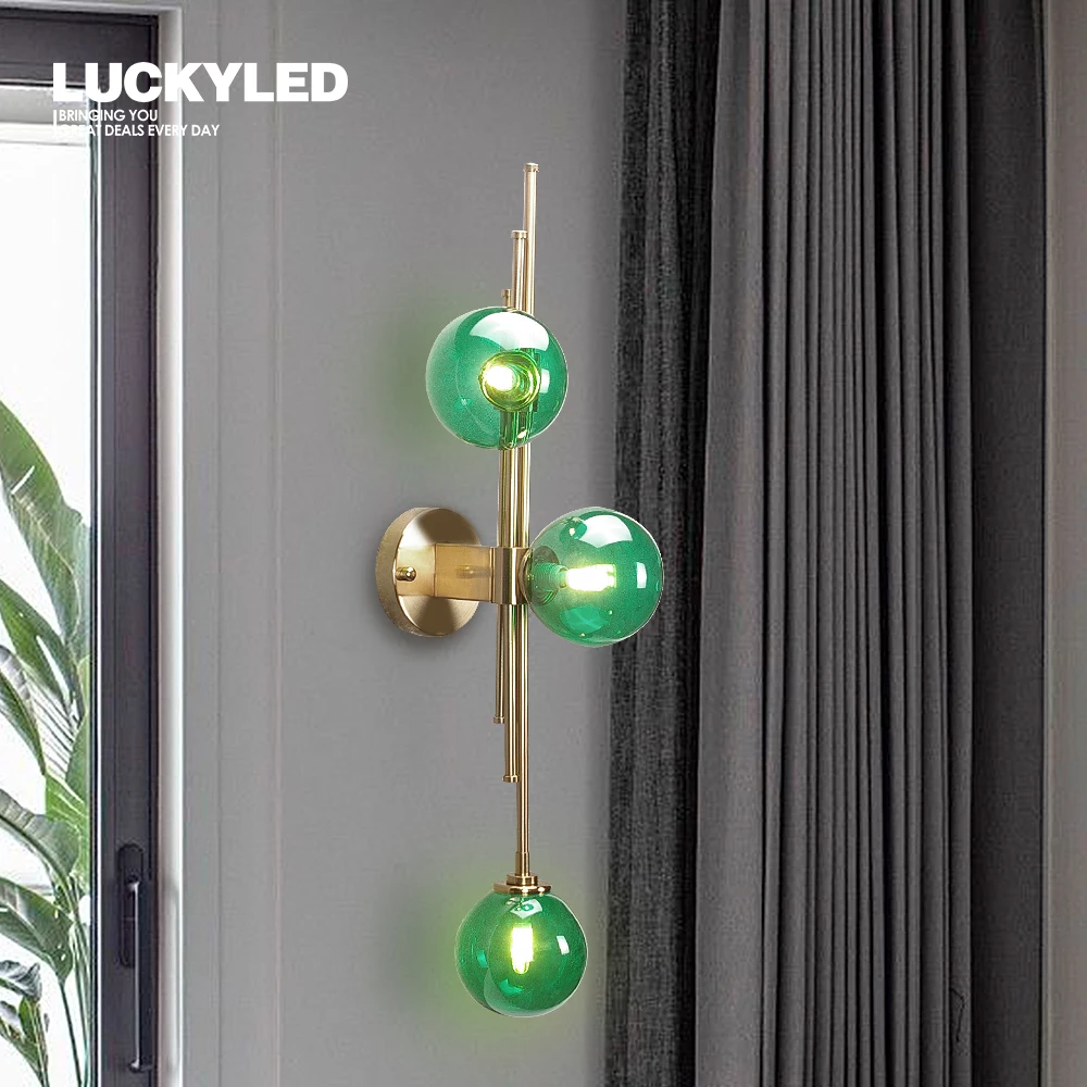 LUCKYLED Green Glass Wall Lamp Nordic Led Wall Light Indoor Sconce Decortion Fixture Gold Wall Lights for Living Room Bedroom