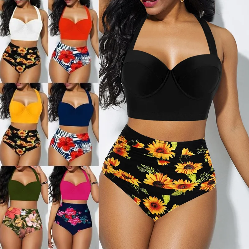 

Wholesale Summer Swimwear Women Flower Printed Swimsuit High-Waisted 2Pcs/set Beach Bathing Suit S66