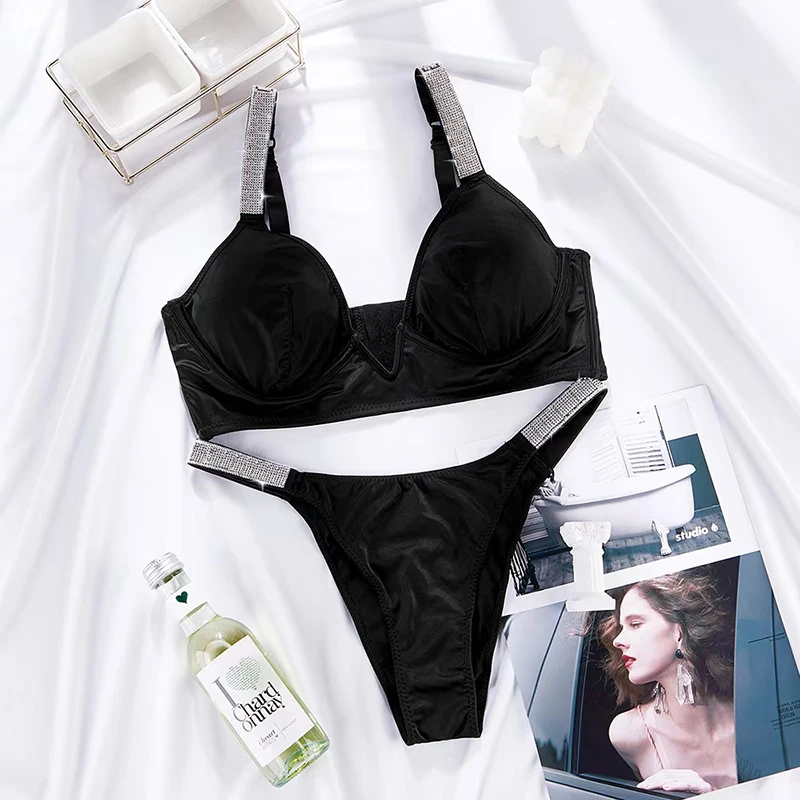 Rhinestone Bra & Brief Sets Thin Cup Bras Sexy Adjuste-Straps Lingerie Breathable Women Deep V-Neck Backless Body Sexy Underwear