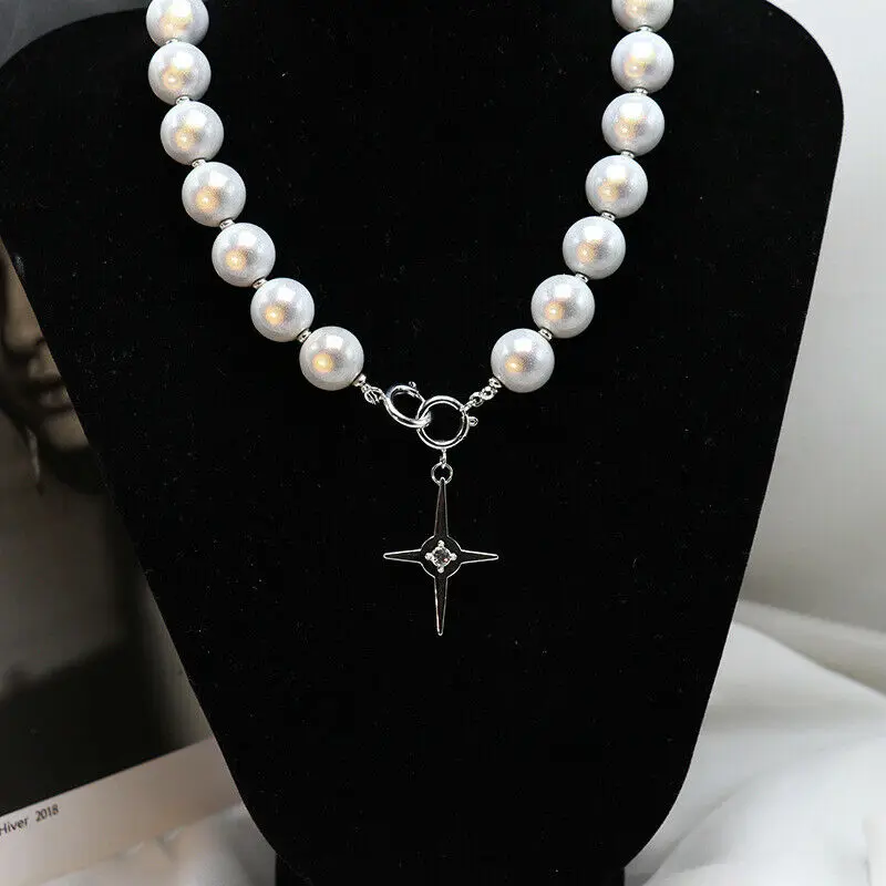 

Women Reflective Pearl Beads Choker with Cross Charm Valentine's Day Necklace Glow Choker Reflective Choker Goth Women Jewelry