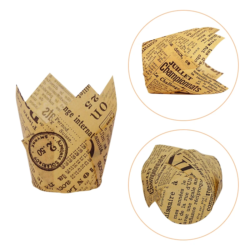 50pcs Newspaper Style Cupcake Liner Baking Cup For Wedding Party Caissettes Tulip Muffin Cupcake Paper Cup Oilproof Cake Wrapper