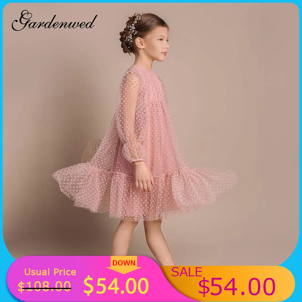 

Gardenwed Polka Dot Puffy Pink Flower Girl Dresses Kids Long Sleeves Prom Dress Tulle Ruffles Girl Weddings,Celebrity Dresses