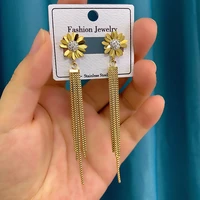 new fashion jewelry daisy flower crystal long tassel dangle earrings stainless steel gold color wedding party valentines