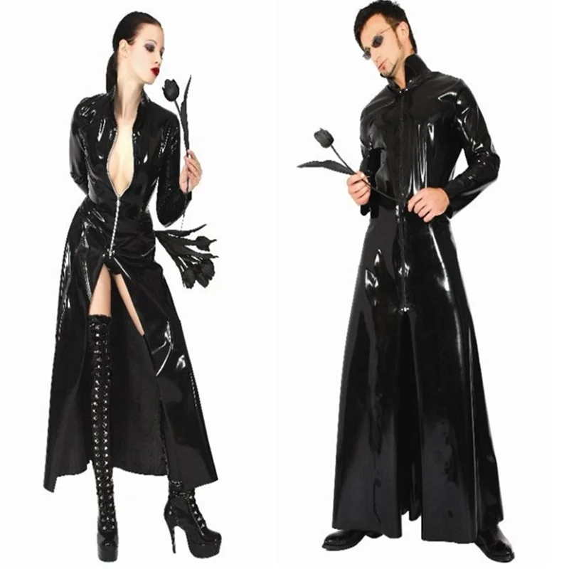 Мужское и Женское пальто из размера плюс искусственной кожи длинное черное с