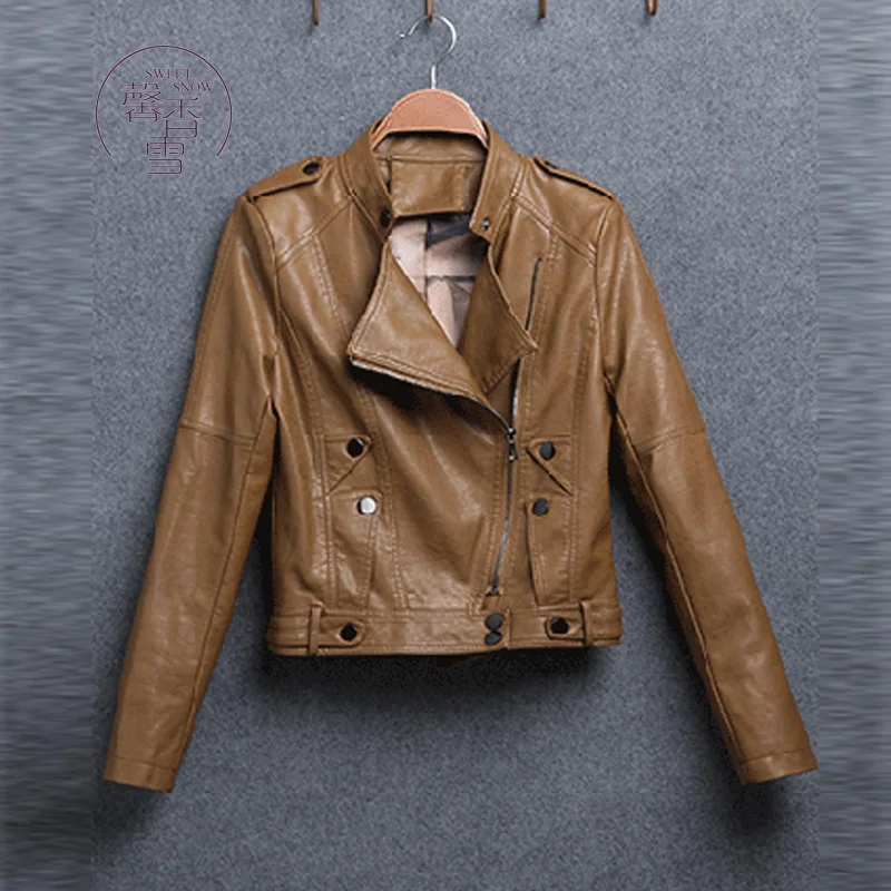 Wild motorcycle leather women's spring autumn new fashion plus size PU leathers jackets short overcoat women's tops enlarge