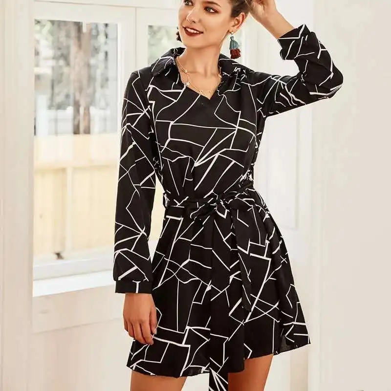 

Elegant Women Striped Print Shirt Dress Autumn Long Sleeve Sashes Chiffon Mini Dress Casual Loose Turn-down Collar Ladies Dress