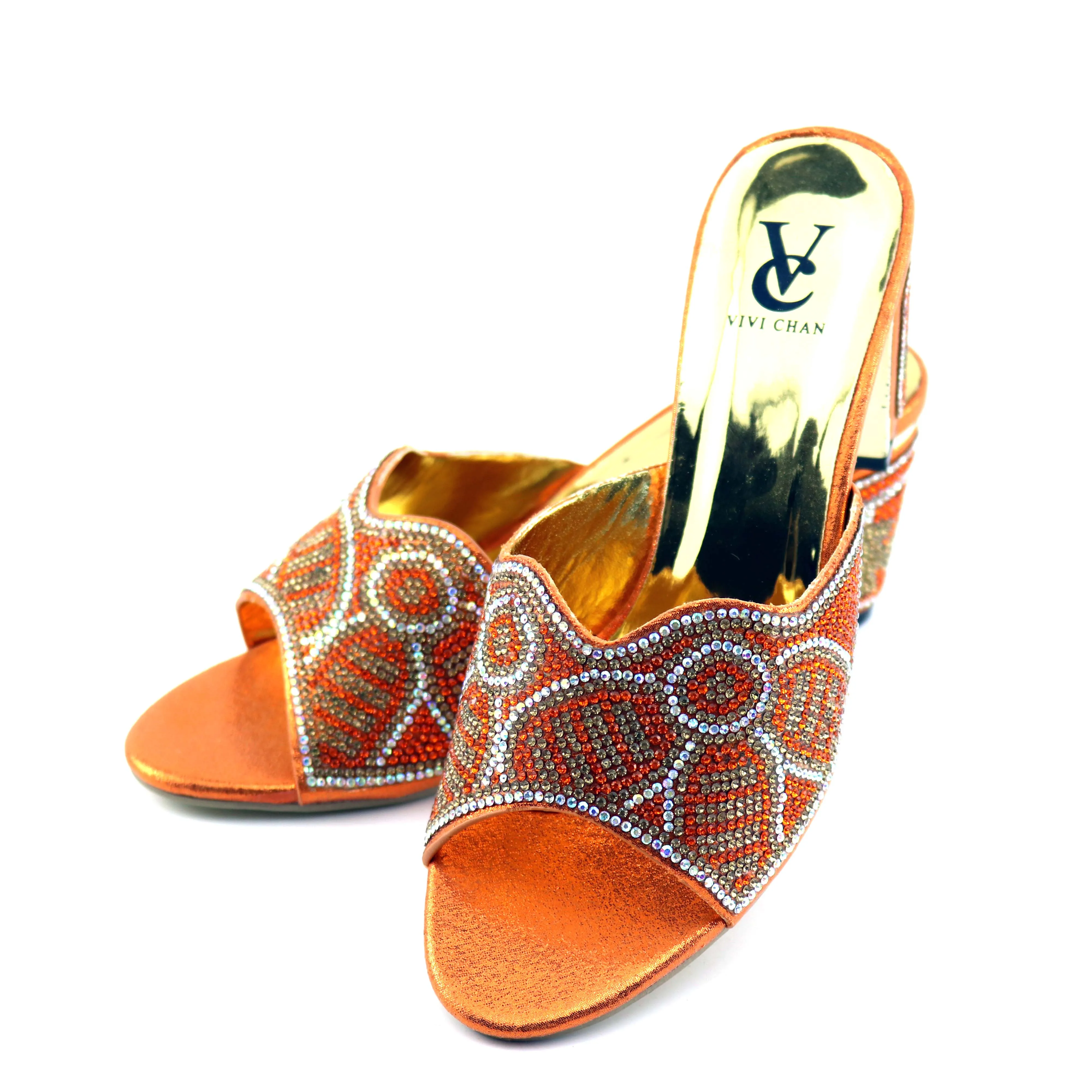 Оранжевые туфли на каблуке 7 см красивый дизайн Сияющие с Стразы модные