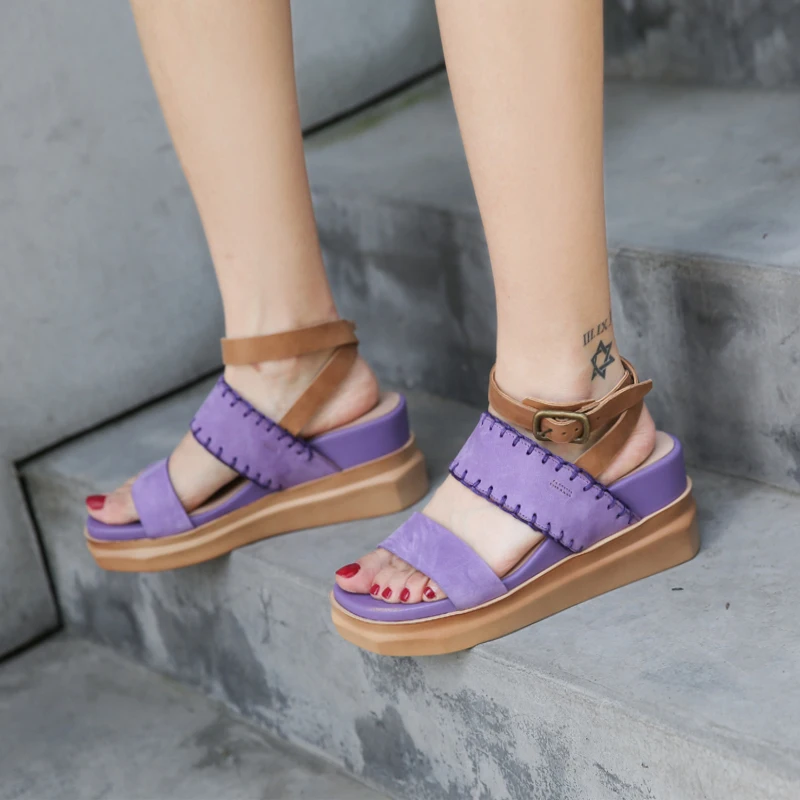 

Purple Women Sandals Thick Sole Platform Wedge Shoes Woman Gladiator Sandal Summer Beach Shoes Genuine Leather Sandalias Mujer