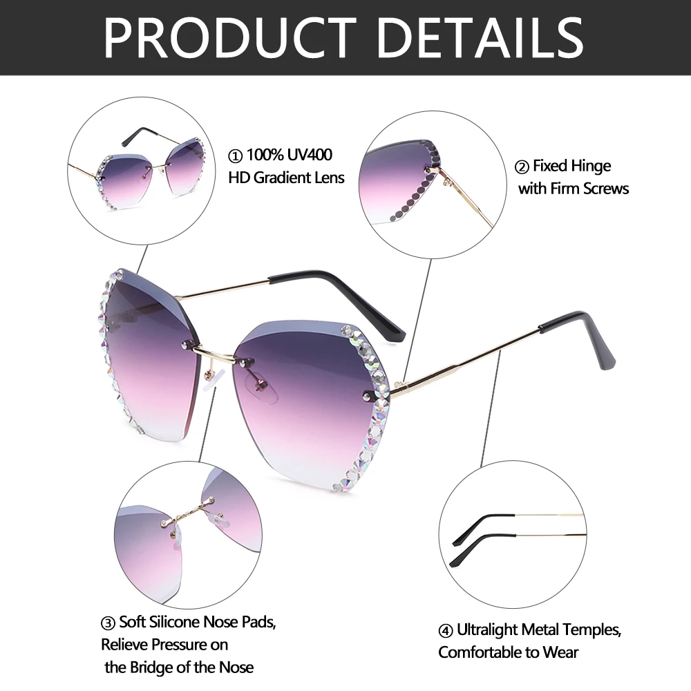 

2021 Fashion Retro Rimless Sunglasses Diamond Square Sunglasses Oversized Sun Glasses Summer Shades UV400 Eyewear for Women