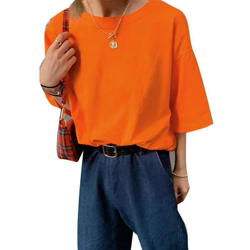 

New 2020 Autumn Women candy Colors T-shirt Casual Short Sleeve Loose Bottoming Solid Female Basic Thick Tops Shirt