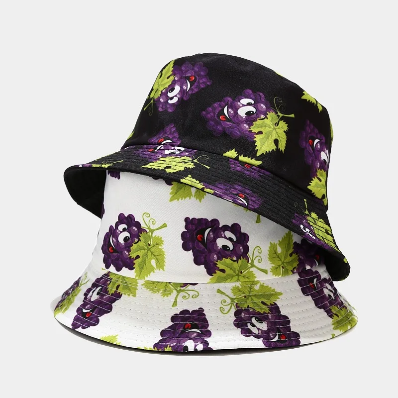 

Grape Reversible Bucket Hat Hip Hop Fruit Printed Fishing Sun Hat Unisex Cotton Hiphop Two Side Panama Summer Sunhat Dropship