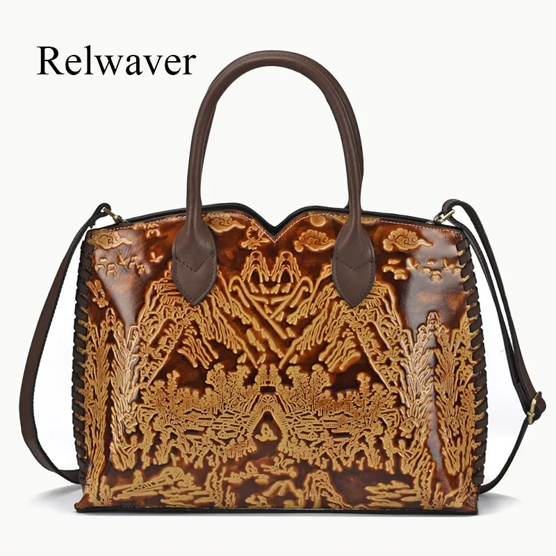 

Women handbag genuine leather big capacity top handle bag vintage hand brushed color women bag Chinese landscape embossing tote
