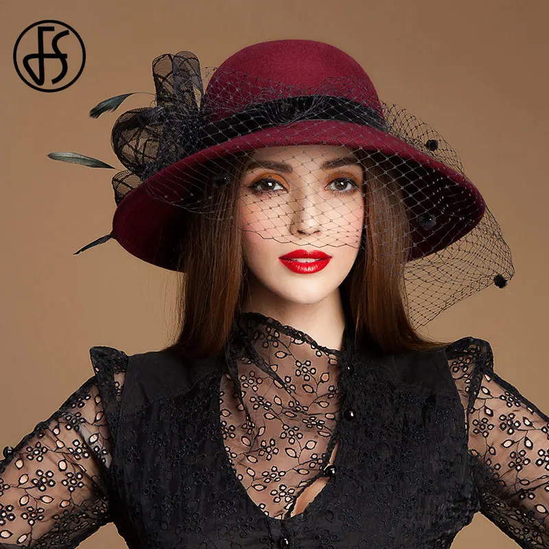 Женская фетровая шляпа FS шерстяная с вуалью черного цвета для вечеринок на