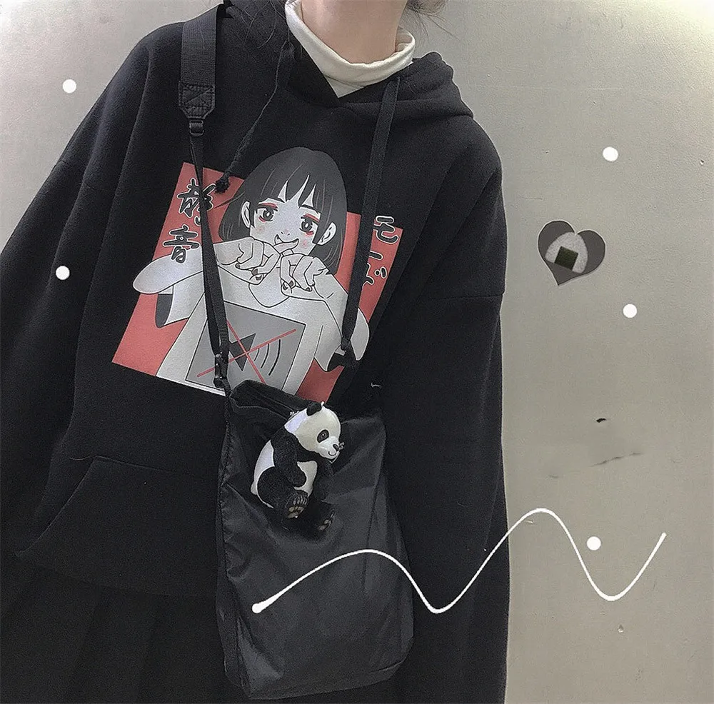 Harajuku Kawaii аниме девушка с капюшоном Толстовка японский Винтаж милый черный флис толстовка с рисунком женский объемный пуловер