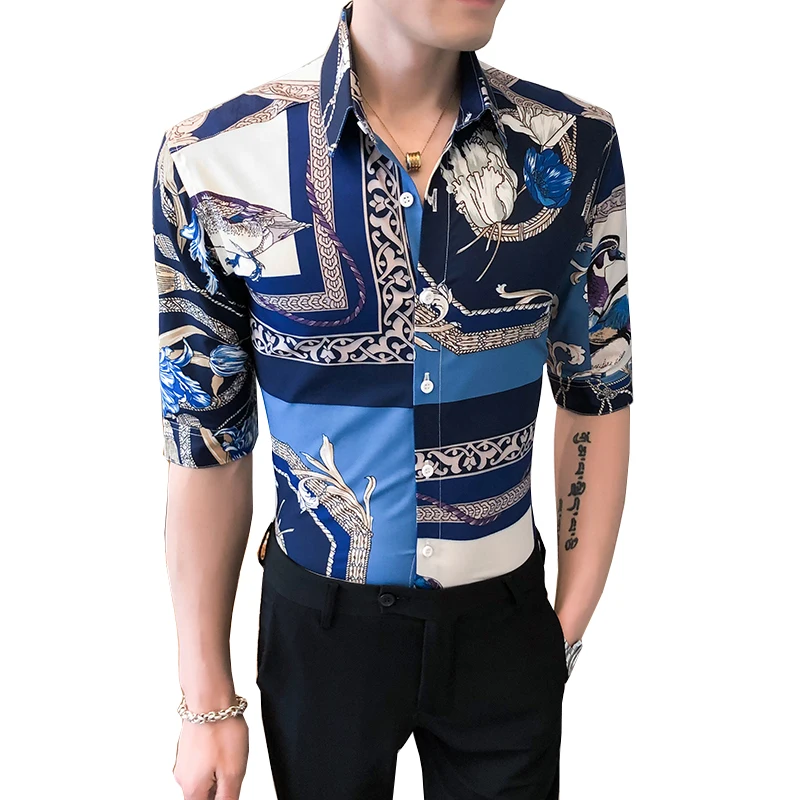 

England Style Floral Printing Fashion Boutique Half Sleeve Shirt Summer New High-Quality Polyester Fiber Luxury Men Shirt M-XXXL