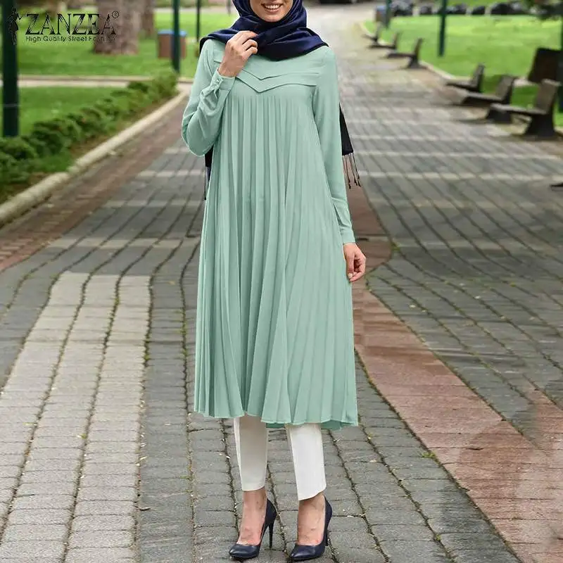 

Casual Loose Blusas Female Solid Chemise Tops ZANZEA Women Fashion Muslim Blouse Abaya Long Sleeve Pintuck Blouse Tunic Tops