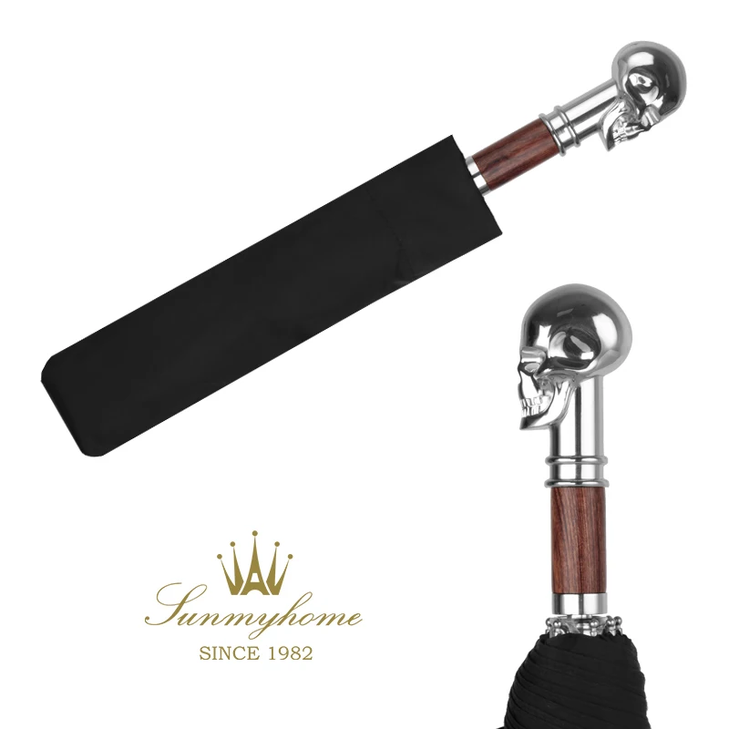 Online Degli Uomini Di Lusso Ombrello Donne Pioggia Ebano Maniglia Dorata Skull Antivento Mini Nero Di Affari Di Cerimonia Nuziale Parasol Parapluie Leggero E6
