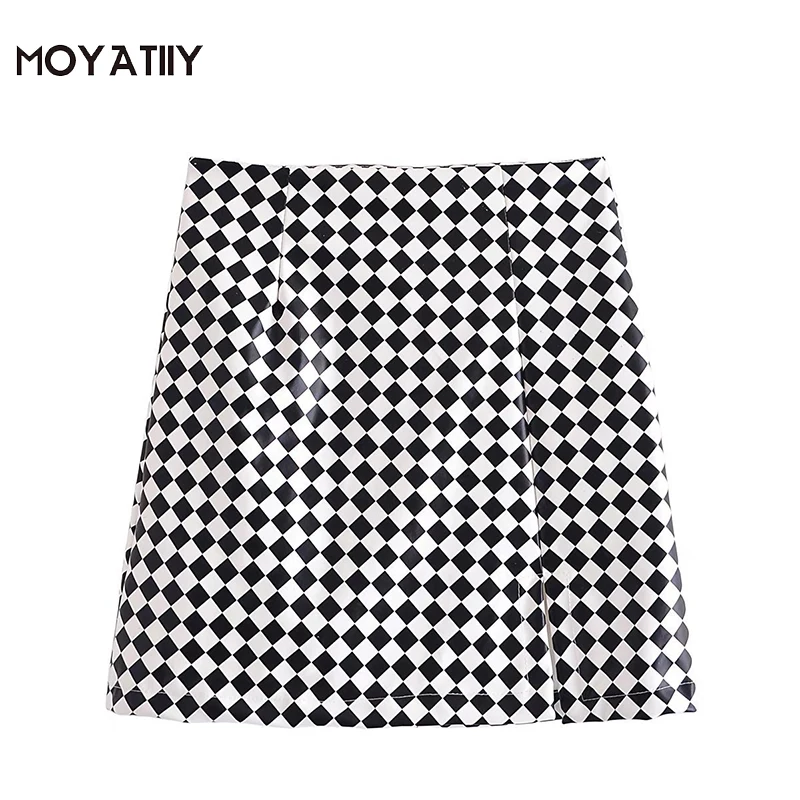 

MOYATIIY Women 2021 Fashion Irregular Plaid Cross Mini Skirt Vintage Leather Back Zipper Skirts High Waist Female Bottoms
