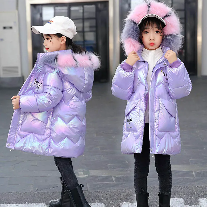 

-30 Degree Russia Winter Shiny Thick Jacket For Girl Clothes Hooded Parka Fur Coat Kids Snowsuit Children's Outerwear Clothing