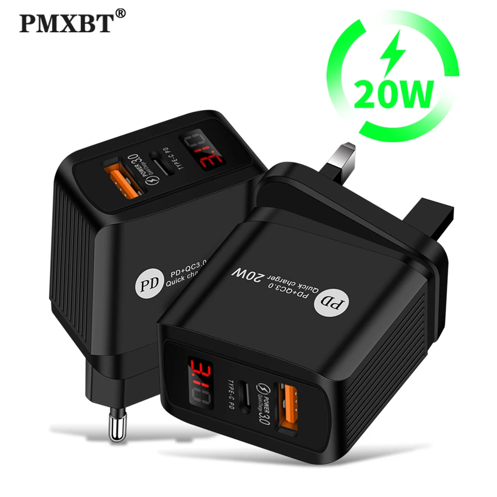 

PD 20W QC 3.0 USB Charger LED Display Quick Charge Adapter For iPhone 12 Xiaomi Mi 11 Samsung Huawei USB C Mobile Phone Charger