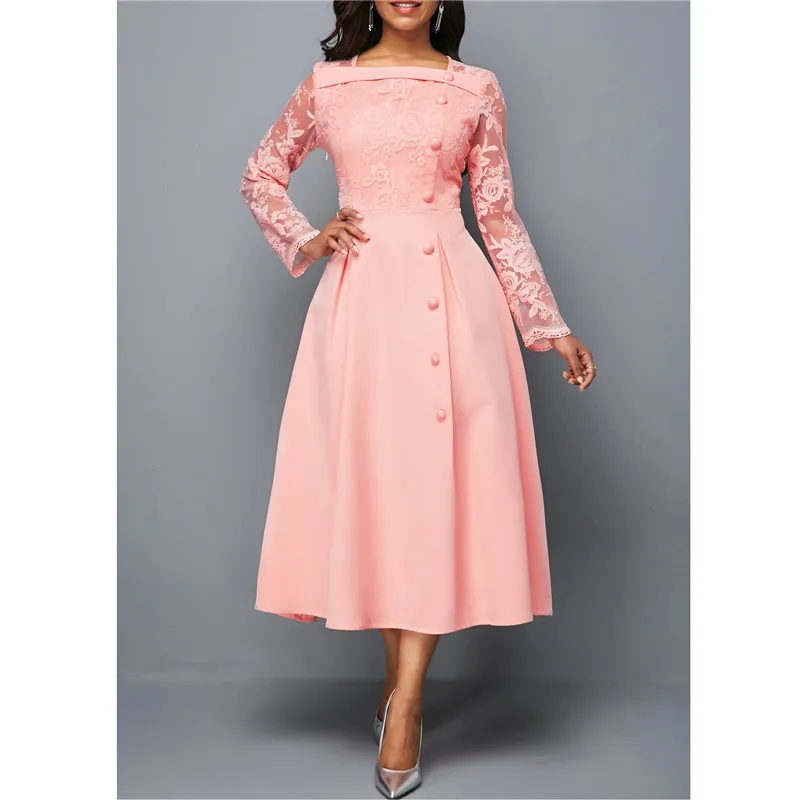 

Women's Dress Elegant Long Sleeve Lace Stitching High Waist big hem mid-length Big Size Dresses For Women
