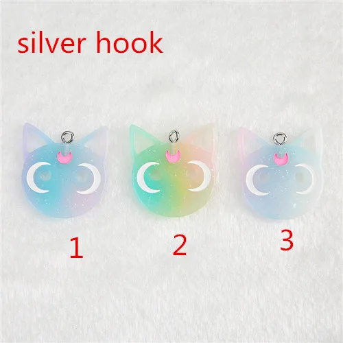 silver hook 14 шт/партия 28*24 мм плоская задняя смола Сейлор Мун кошки кабошоны для корпуса телефона украшения Блеск Luna Cat части для головные уборы DIY - Цвет: silver hook