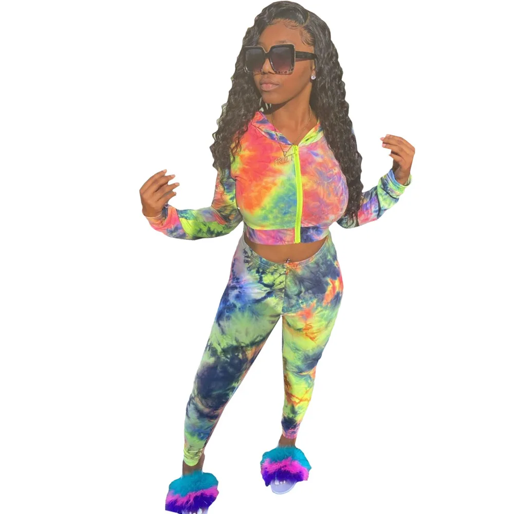 

Hot Selling Women Hoodei Sports Sets Tie-dye Printing Long Sleeve Skinny Zipper Crops High Waist Pants Tracksuits Party Autumn