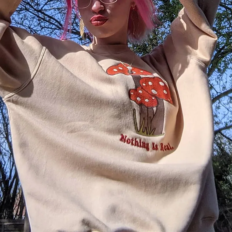 

Letter Embroidery Women Sweatshirt Mushroom Print O-neck Long Sleeve Pullover For Ladies Fleece Loose Autumn Sweet Top Female