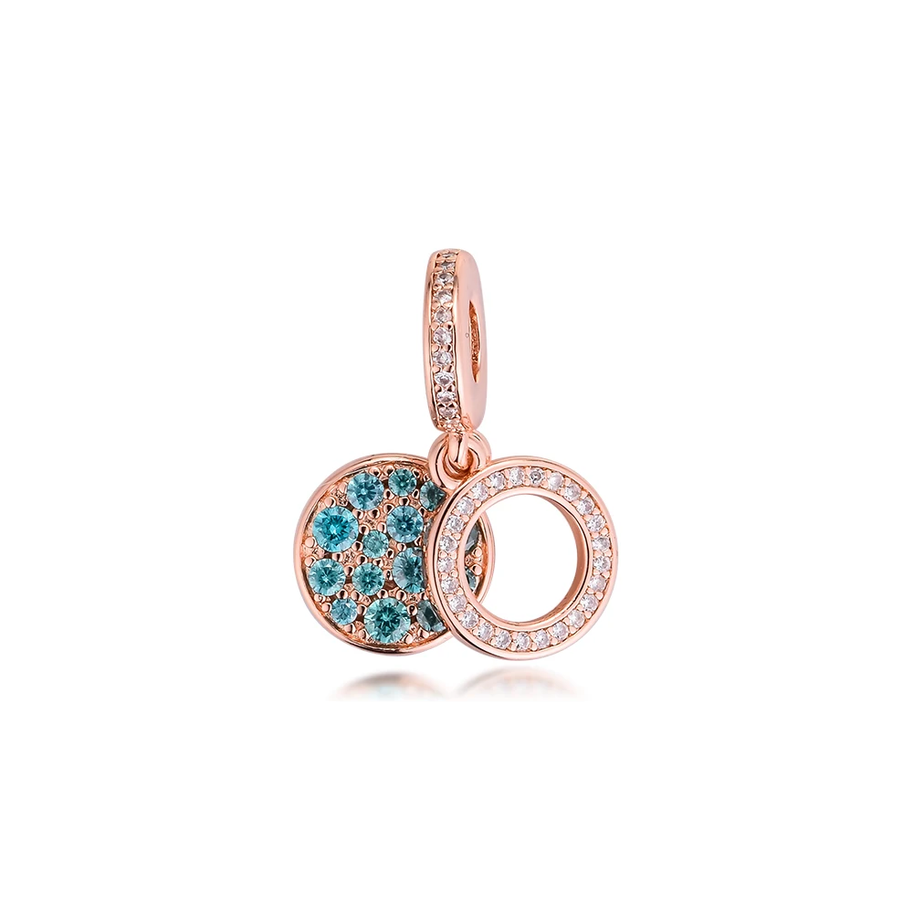 

Sparkling Light Blue Disc Double Dangle Charm DIY Beads For Jewelry Making Rose Gold Charms Fits Original Charms Chain Bracelets