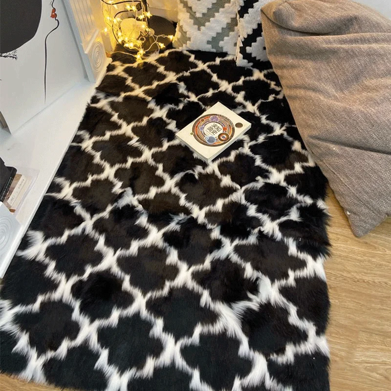 

White Black Lattice Sheepskin Fluffy Area Rugs Soft Faux Fur Plush Wool Modern Carpet for Living Room Floor Mat Home Decor