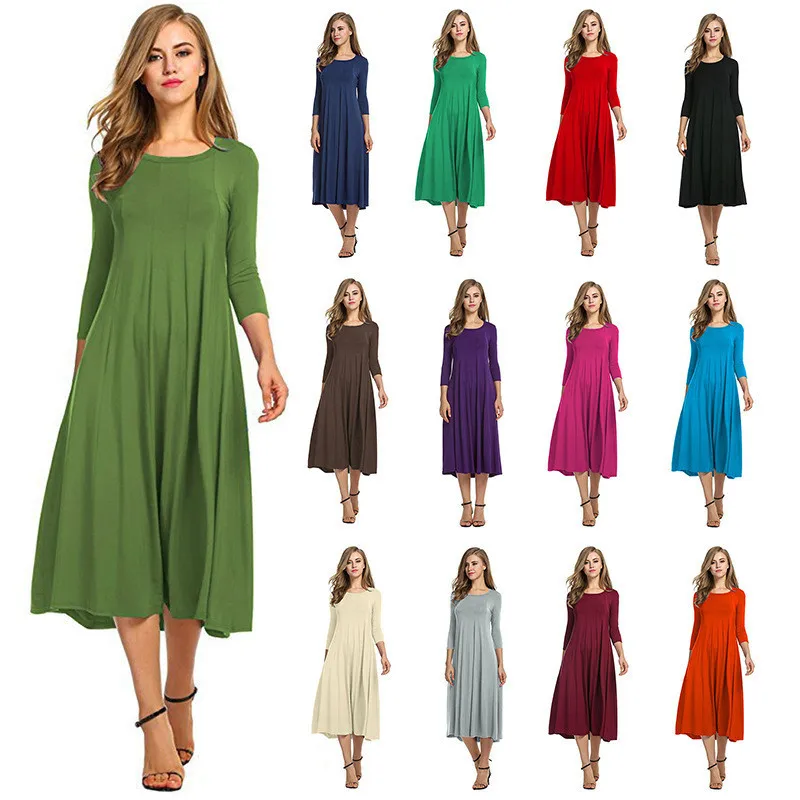 

2020 Autumn Winter Elegant New Fashion O Neck Women's Midi Maxi Dress Casual Tunic Solid Three Quarter Ladies Long Dress