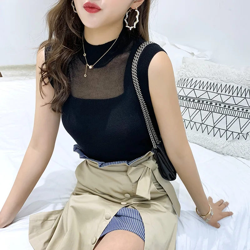 

Condole Belt Vest Female 2021 Summer Wear Outside Tank Top Half Turtleneck Ice Silk Linen High Elastic Knitting Render Unlined