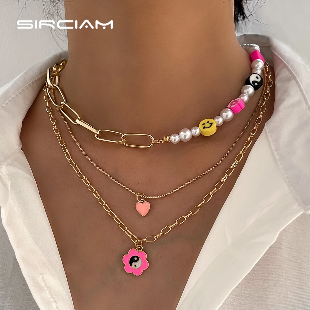 

Boho Layered Pink Flower Asymmetry Pearl Beaded Necklace For Women Smiley Yin Yang Choker Heart Pendant Necklaces Summer Jewelry