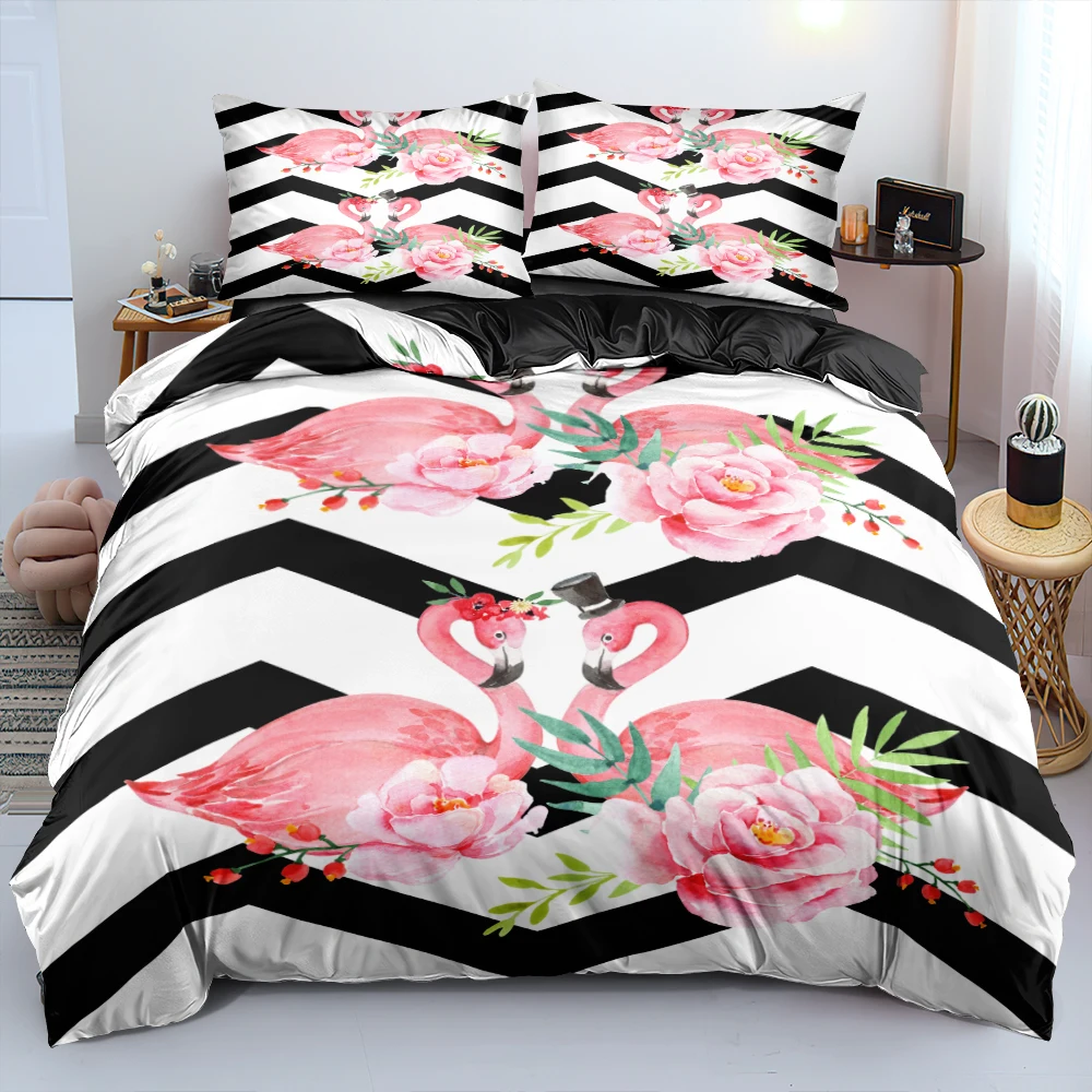 

High Quality Black-and-White Duvet Cover Set Pink Flamingo Girl Quilt Cover With Soft Pillowcases Twin Double Queen King Sizes