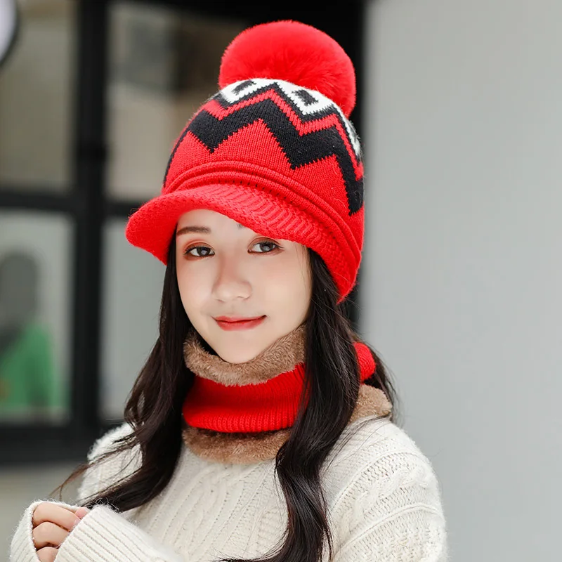 

2020 New Winter Knitted Beanies Hats Set Women Thick Warm Plush Hat Neck Collar Female Outdoor Riding Plus Velvet Scarf Hat Sets