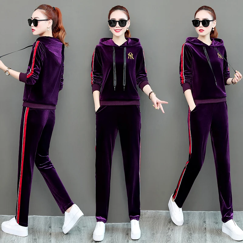 Бархатный спортивный костюм для женщин 2019 Женский Большой размер с капюшоном