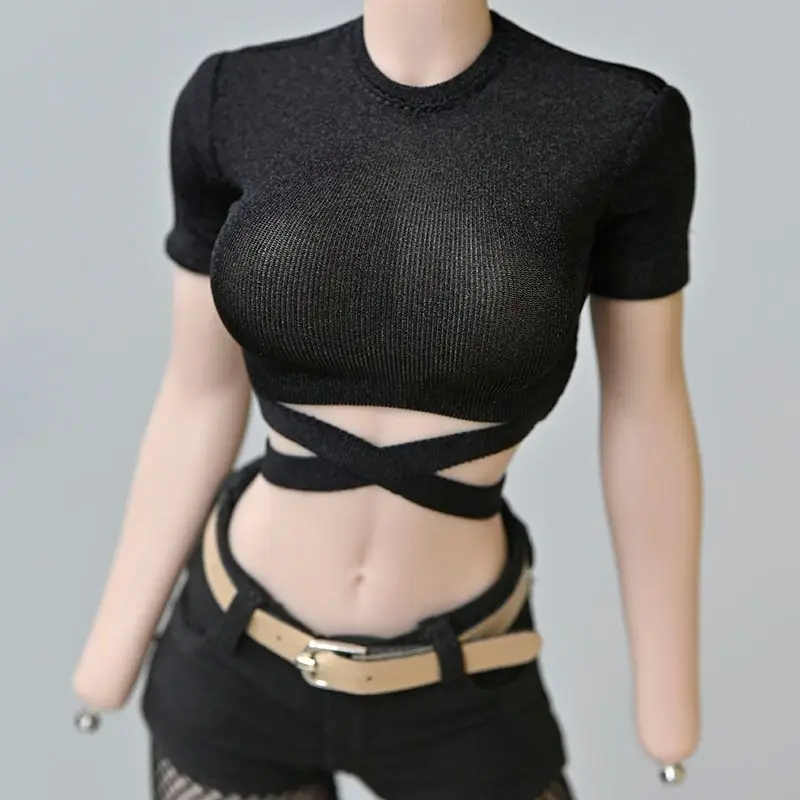 

Женская одежда в масштабе 1/6, черная футболка с плотной талией и перекрестными лямками, подходит для куклы 12 дюймов TBL PH JIAOU