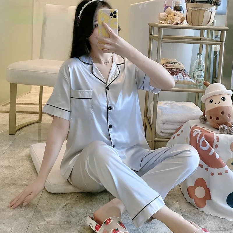 

Pyjamas For Women Silk Satin Pajamas Pyjamas Set Short Sleeve Sleepwear Pajamas Suit Female Sleep Two Piece Set Loungewear