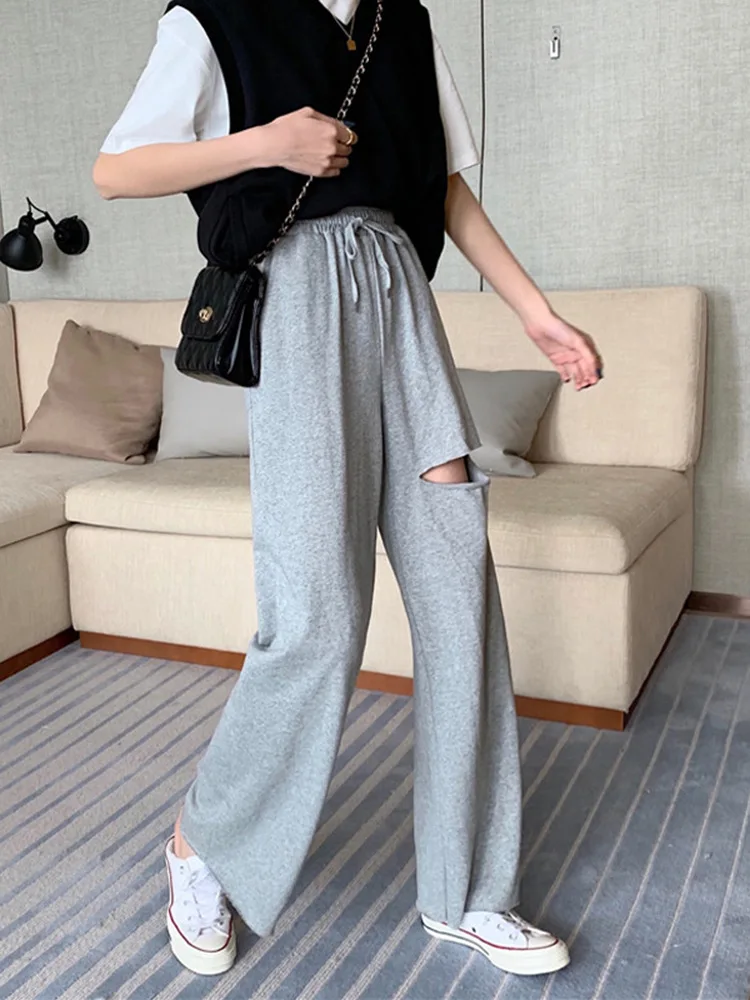 

Summer Thin Women's Elastic Drawstring High Waist Slimming Hole Design Wide Leg Simple Casual Trousers Pants Women