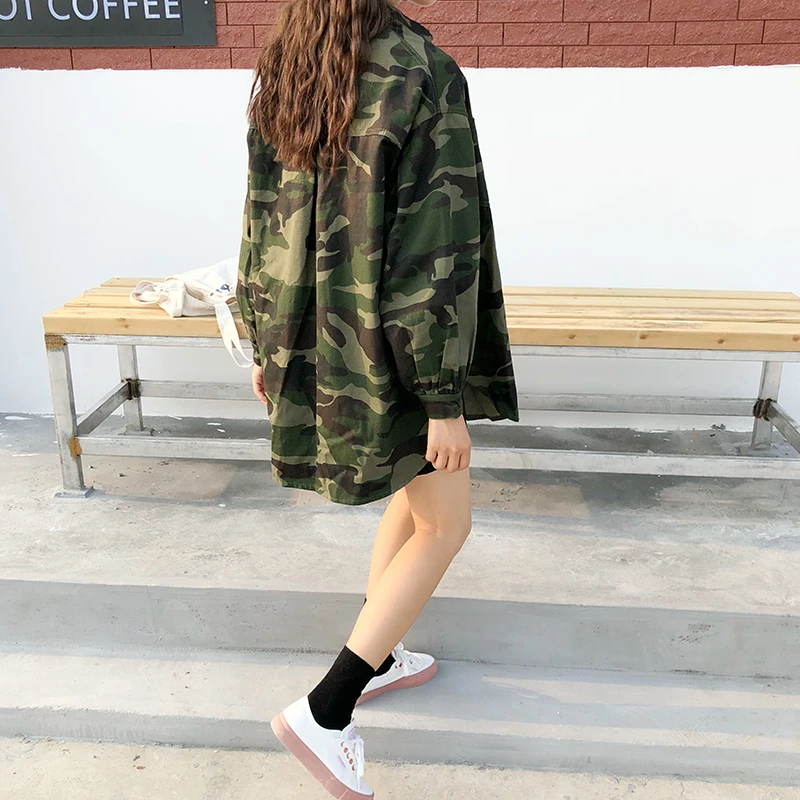 

Camouflage Jackets Women Long Boyfriend Outwear Basic Wind-proof Single Breasted Green Leisure Teenagers Spring Ulzzang Fashion