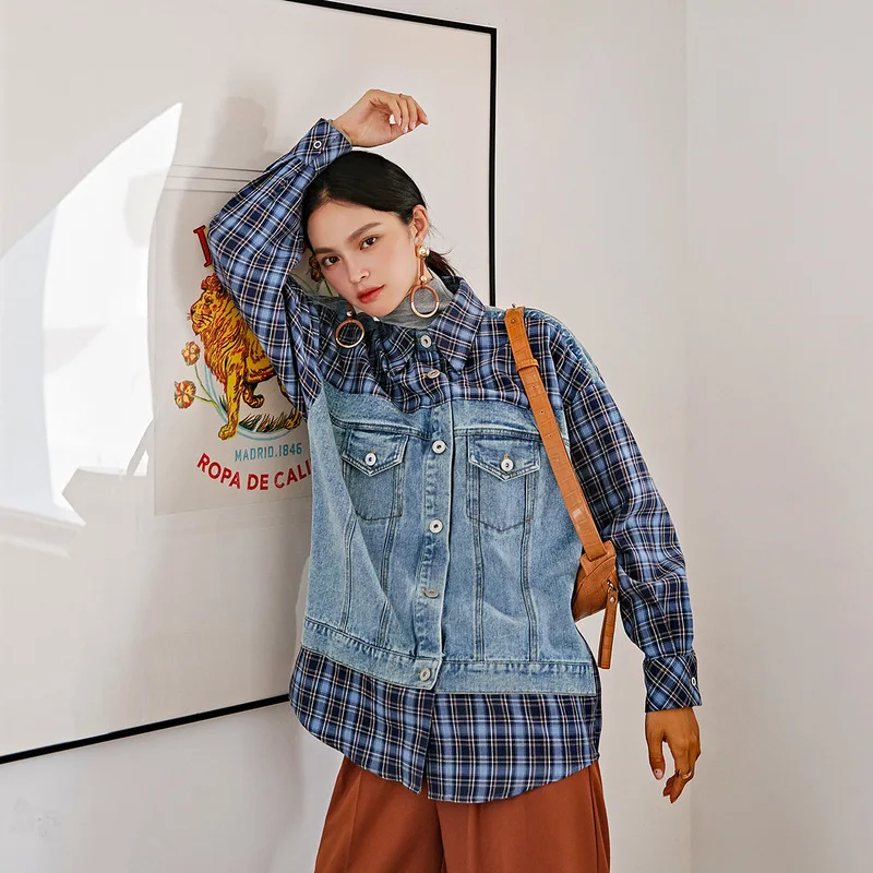 2019 shallgar autumn new dress one undertakes to preach tao lattice spelling a denim jacket | Женская одежда