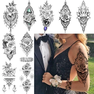 Черная кружевная хна временная татуировка наклейка для женщин поддельные ювелирные изделия браслет татуировки переводные розы на запястье рука татуировки