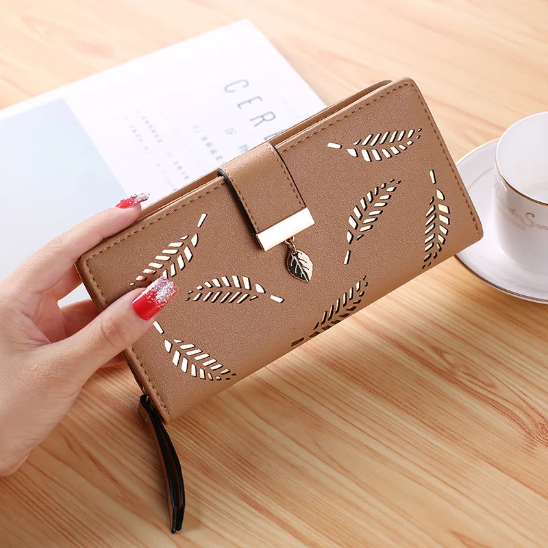 

Women Wallet PU Leather Purse Female Long Wallet Gold Hollow Leaves Pouch Handbag For Women Coin Purse Card Holders Clutch